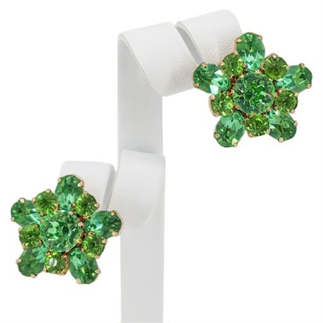 Vtg WEISS Prong Set UV Reactive Green Rhinestone Clip Earrings