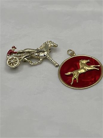 Gold horse, pendant, and horse racer brooch lot