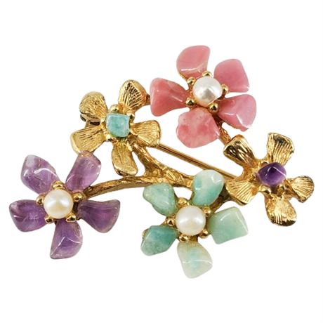 Vintage Swoboda Style Gemstone & Pearl Flower Brooch