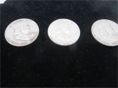 Three 1962 D Ben Franklin Half Silver Dollars