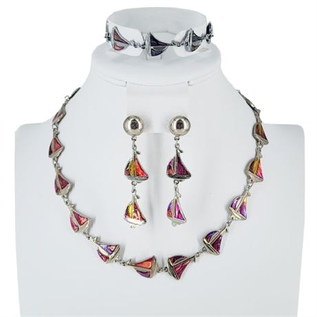Vintage Silver Tone Dyed Abalone Inlay Sailboat Set