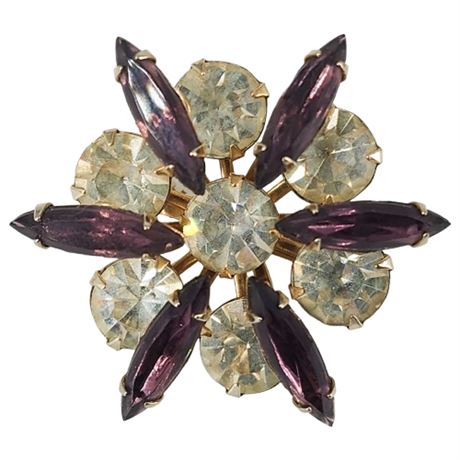 Vintage Purple Navette & Clear Rhinestone Flower Brooch