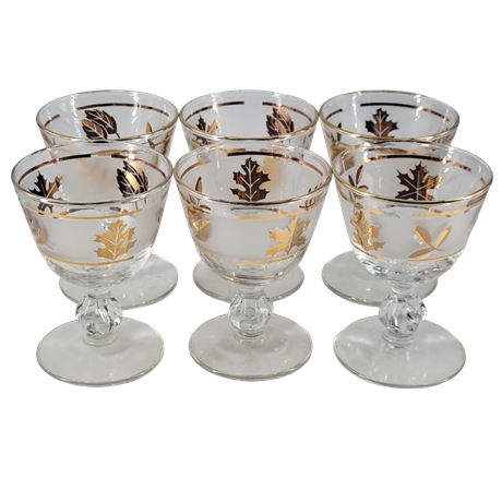 Libbey Frosted Glass Golden Foliage Liquor Cocktail Glasses - Set of 6