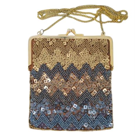 Vintage Metallic Beaded Clutch with Gold-Tone Frame & Chain Strap