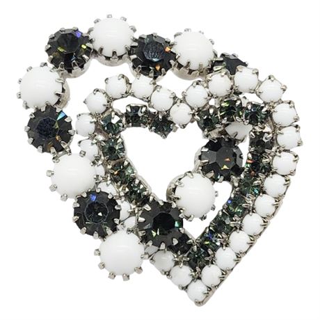 Vintage Smoke Rhinestone & Milk Glass Linked Hearts Brooch