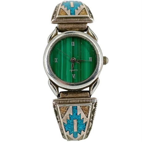 Southwestern-Style Quartz Wristwatch with Turquoise-Color Inlay, Sterling Stamp