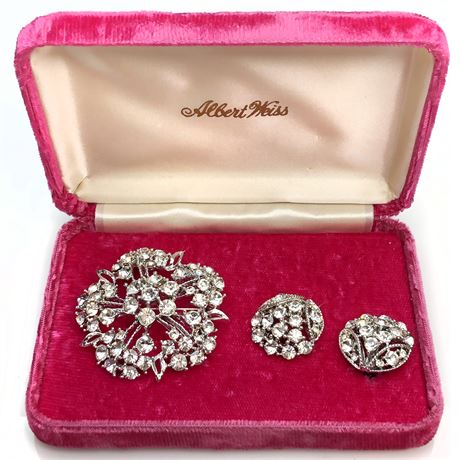 Vintage Weiss Pink Velvet Jewelry Box with Unmarked Rhinestone Brooch & Earrings