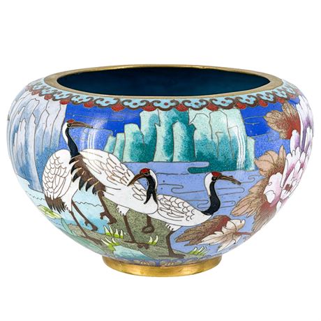 Vintage Crane & Lotus Cloisonné Enamel Jardiniere Bowl