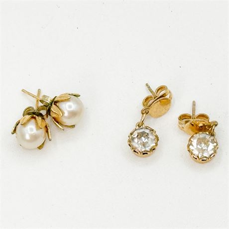 Two Pair Vintage Gold Tone Stud & Dangle Small Earrings