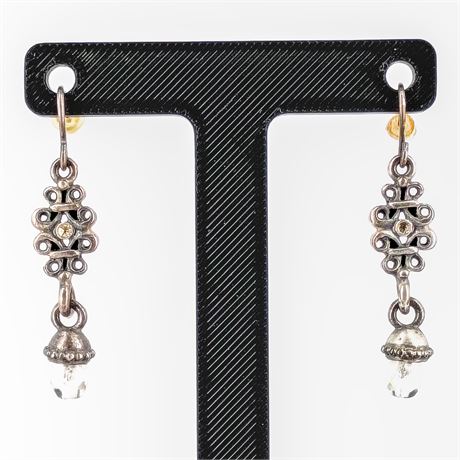 Vintage Silver-Tone Filigree Dangle Earrings – Ornate Scrollwork with Crystals
