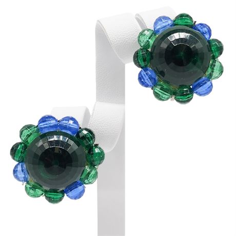 Vintage CORO Faceted Green & Blue Cluster Clip Earrings