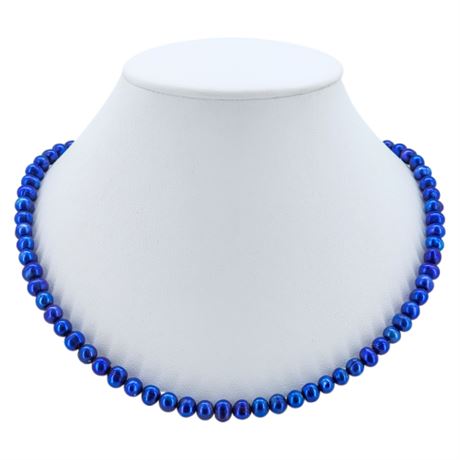 Signed PZO Deep Blue Freshwater Pearl Necklace w/ Sterling Clasp