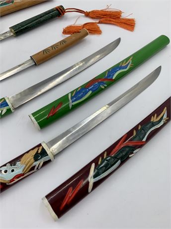 5 Vintage Japanese Samurai Sword Letter Openers, Carved Wood Dragon Sheath