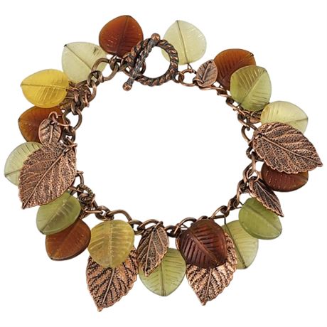 Artisan Made Glass & Copper Tone Leaves Bracelet