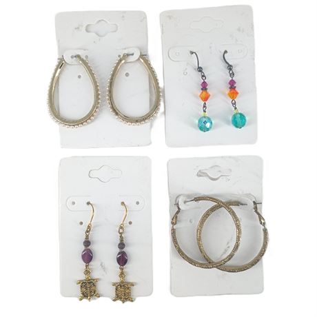 Earrings Lot - Gold Tone Hoops, Colorful Beads & Turtle Charm Dangles