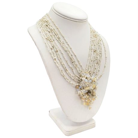 Artisan Made White Glass & Gemstone Bead Statement Necklace