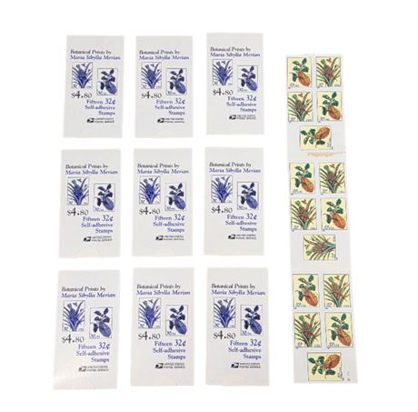 Lot of 10 Books of Self-adhesive Botanical Print Stamps