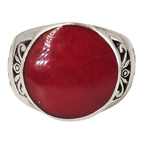 Unmarked Sterling Silver Dyed Red Coral Ring, Sz 5.5