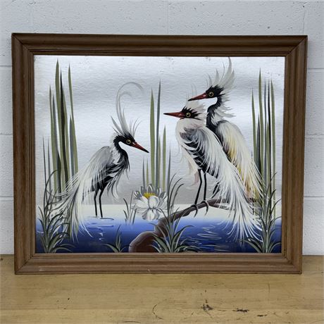 Vintage M. Devoe Painting, "3 Egrets in Marsh Pond"