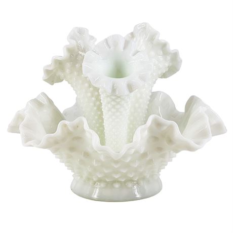 Vintage Fenton Hobnail Milk Glass 3 Horn Vase Centerpiece