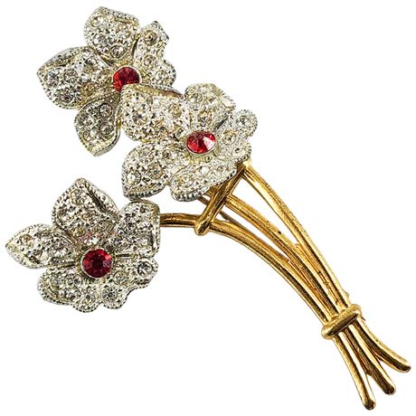 Vintage Rhinestone Flowers Trembler Brooch