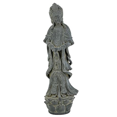 Vintage Black Stone Statue of Guanyin on Lotus Base