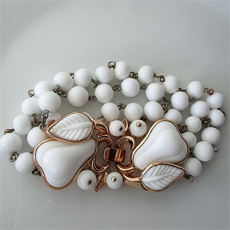 Vintage TRIFARI Milk Glass PEAR Triple Strand Bracelet