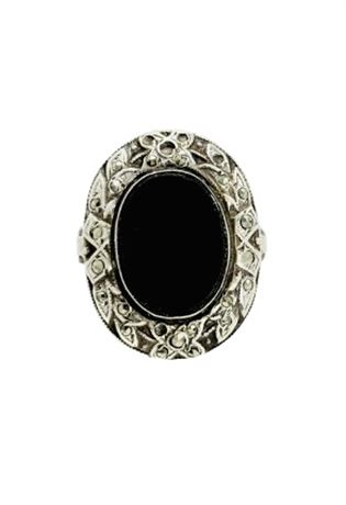 Vtg Sterling Silver Marcasite with Onyx Stone Ring