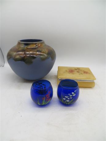 Porcelain Vase, Italian Alabaster Trinket Box & 2 Cobalt Cups