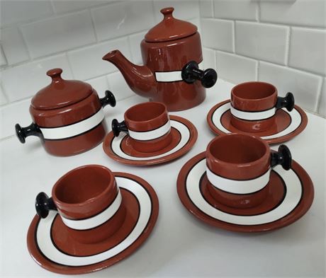 Signed Artisan Handmade Kyusu Style Asian Art pottery teapot + 4 cups Saucers
