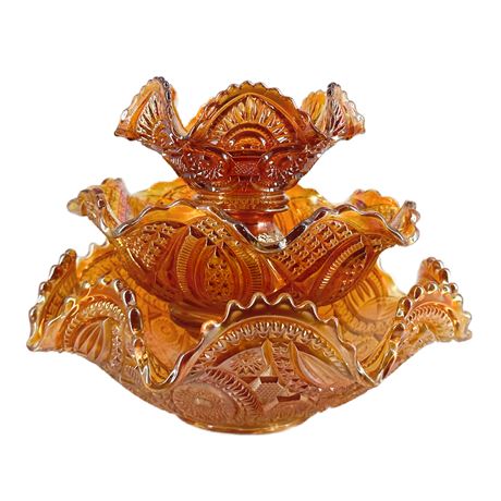Lot of 3 Vintage Marigold Carnival Glass Ruffled Bowls