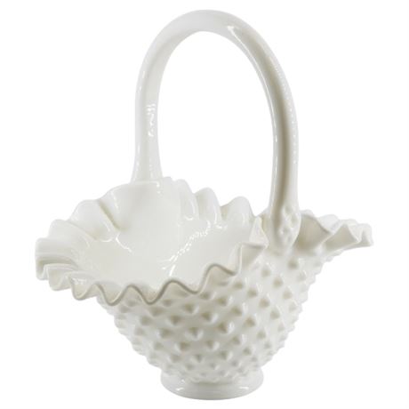 Vintage FENTON Hobnail Milk Glass Ruffled Basket