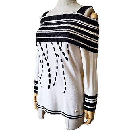 Escada Silk/Cotton Black & White Off-Shoulder Sweater