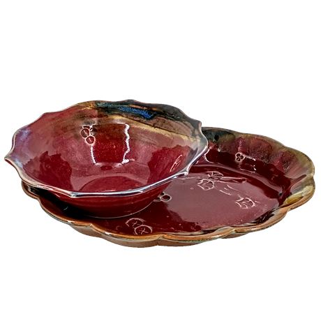 Studio Art Pottery Serving Plate & Bowl Set Red Glaze 10.5" Plate 7" Bowl Signed