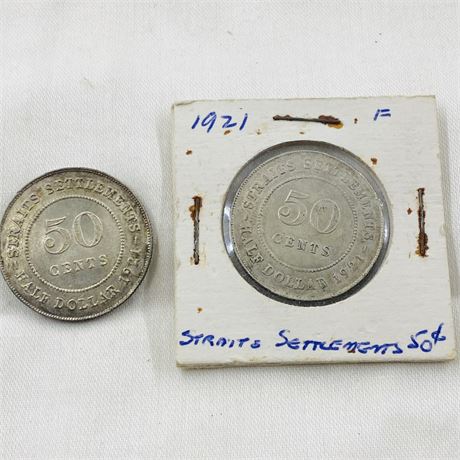 2 - 1921 Straits Settlements Half Dollars