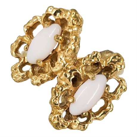 Vintage Gold Filled Pink Glass Cabochons Bypass Ring, Sz 4.75