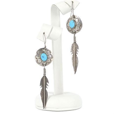 Vintage Sterling Silver Turquoise Feather Dangle Earrings – Southwestern Style