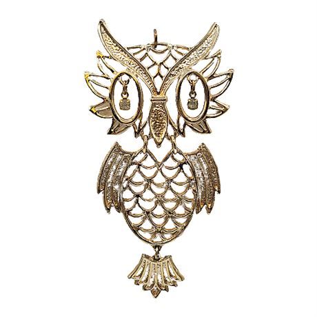 Vintage Large Pale Gold Tone Articulated Owl Pendant w/ Rhinestone Eyes