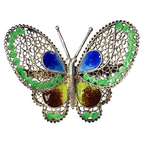 Vintage Alioto Adriana Italian 800 Silver Filigree & Enamel Butterfly Brooch