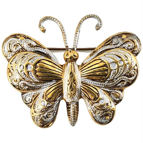 Vintage Spanish Damascene Style Enameled Butterfly Brooch