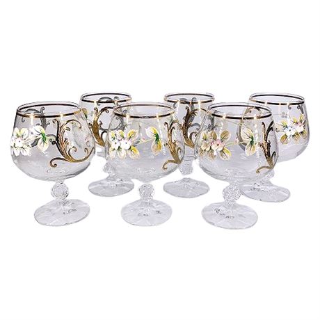 Hand-Painted Bohemian Glass Brandy Snifter Set with  Gold Accents