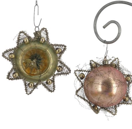 2 Antique Victorian Mercury Glass, Wire Wrapped Ornament