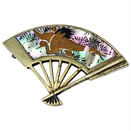 Vintage Japanese Fan Brooch w/ Hand Painted Abalone Inlay