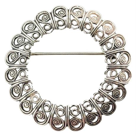 Vintage Sterling Silver Filigree Circle Brooch