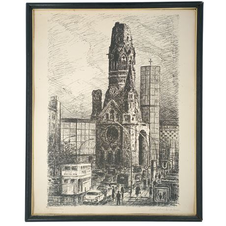 Signed “Gedächtniskirche Berlin” Mid-Century Architectural Pen & Ink on Artist B