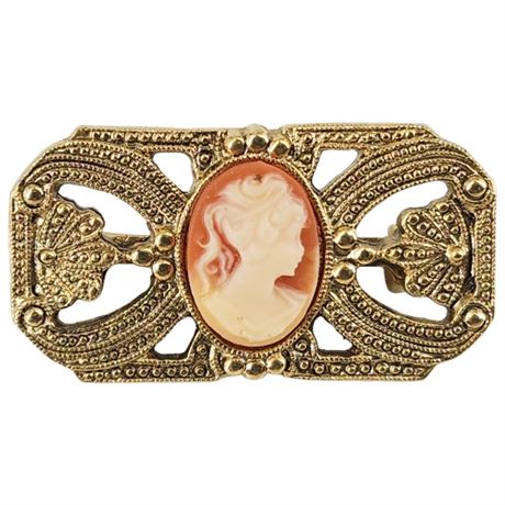 Vintage 1928 JEWELRY Gold Tone Resin Cameo Bar Brooch