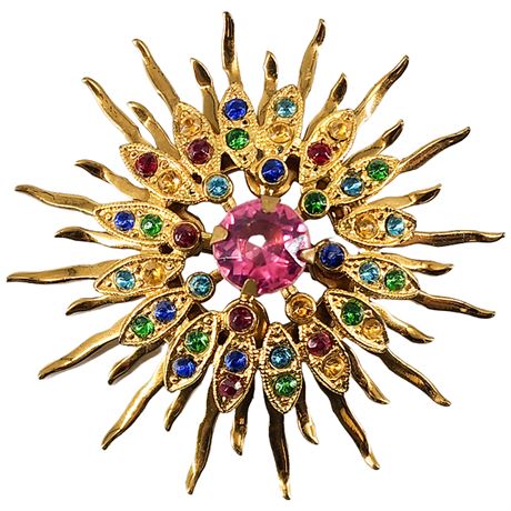 Vintage Colorful Rhinestone Sunburst Brooch