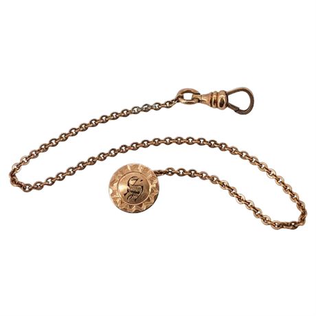 Vintage Gold Filled Watch Chain w/ Monogramed Button Fob