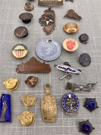30 pc Vintage Sterling Military, Advertising, Fraternity, Award Brooch Lot