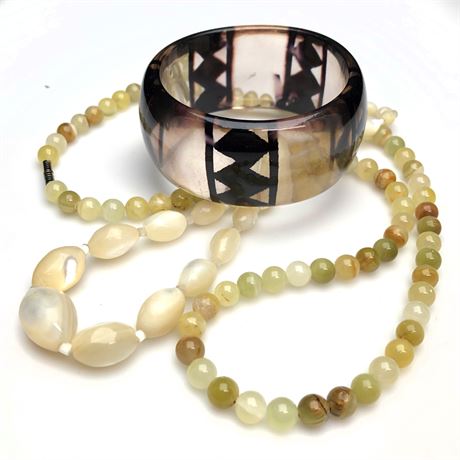 Vintage Genuine Stone Beaded Necklace, Shell Necklace & Lucite Geometric Bangle